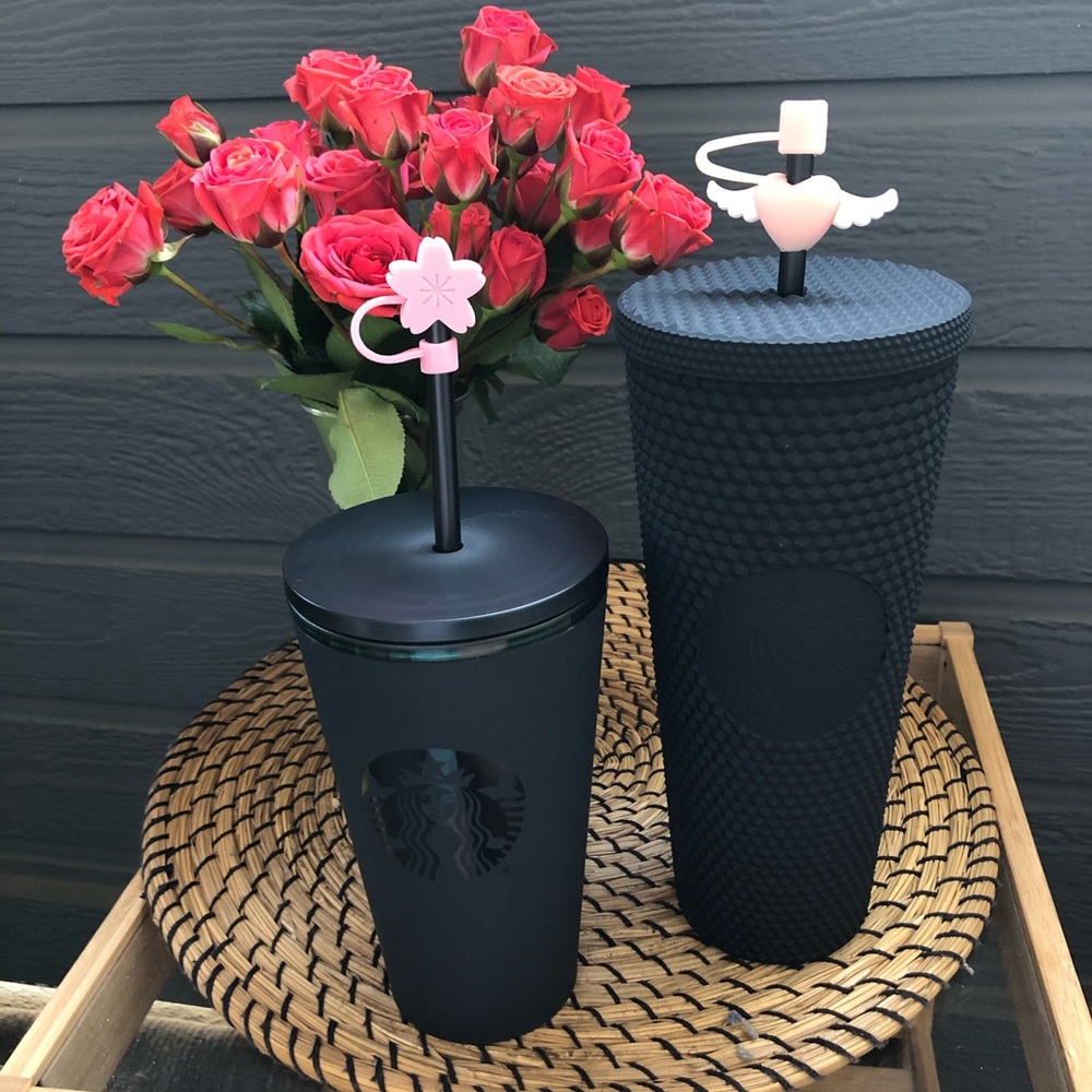 TWO Starbucks Matte Black Tumblers +straw stoppers